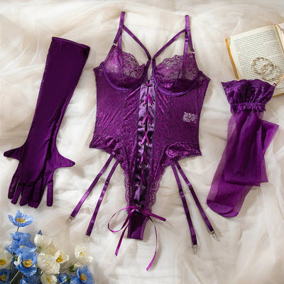 Body de encaje morado con medias-Diabolique.es