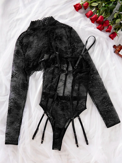 Body negro de encaje con top de manga larga-Diabolique.es