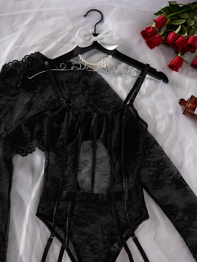Body negro de encaje con top de manga larga-Diabolique.es