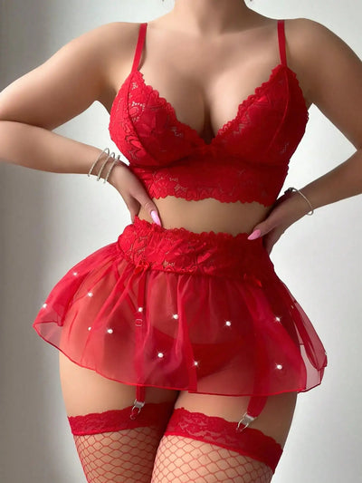 Conjunto de lencería de encaje con minifalda Evelynn-Diabolique.es