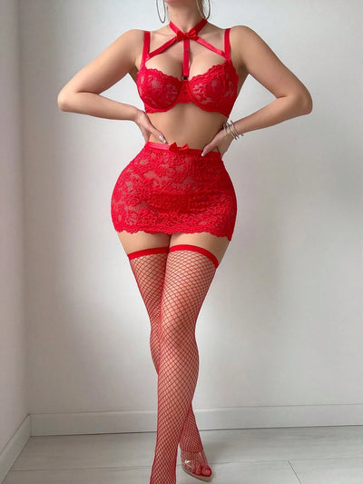 Conjunto de lencería de encaje con minifalda Eloise