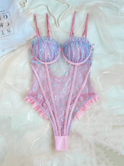 Body de encaje rosa con volantes y tirantes dobles