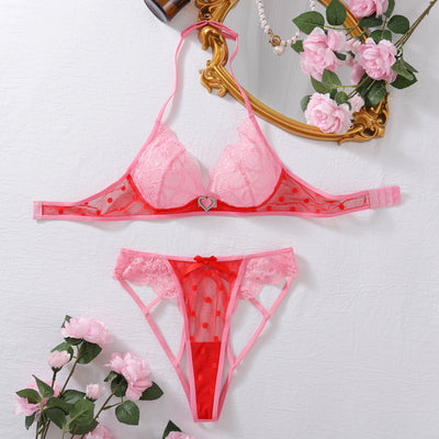Conjunto de lingerie com acabamento em renda rosa Angelina
