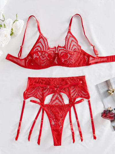 Conjunto de lencería rojo con ribete bordado Elain
