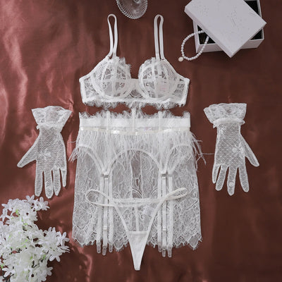 Conjunto de lencería con plumas y guantes Angel