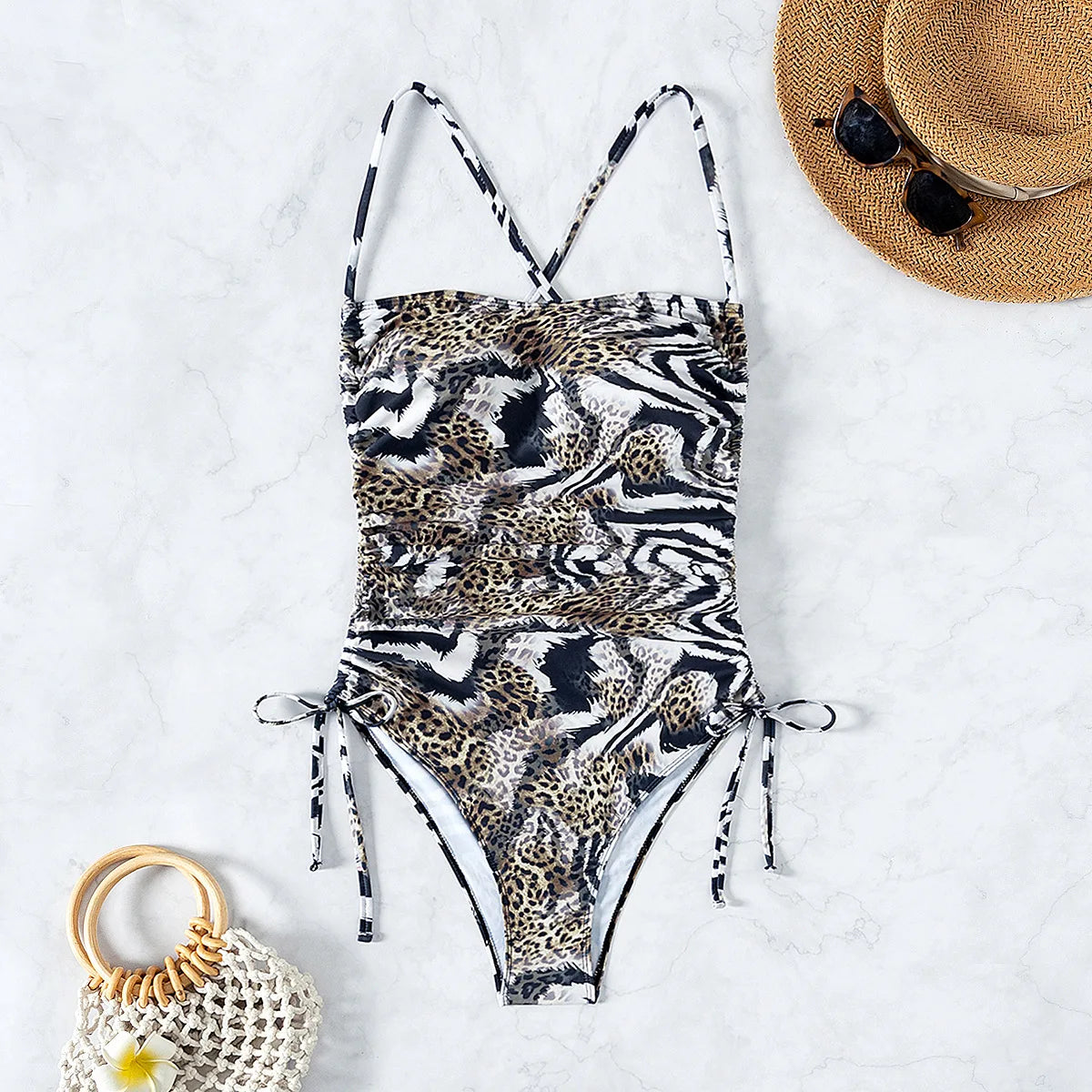 Bañador con estampado animal y laterales anudados
