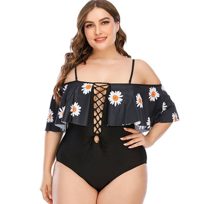 Bañador negro plus size con margaritas-Diabolique.es