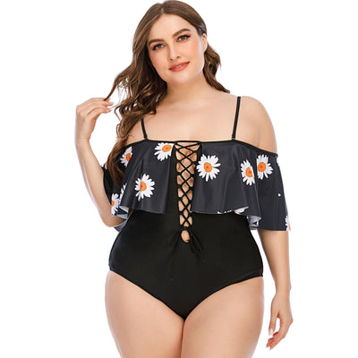 Bañador negro plus size con margaritas-Diabolique.es