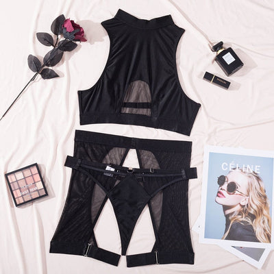 Conjunto de lencería negro de malla Zoe-Diabolique.es